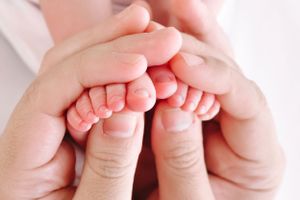 Close-up of adult hands gently holding baby's tiny feet against soft pink background.