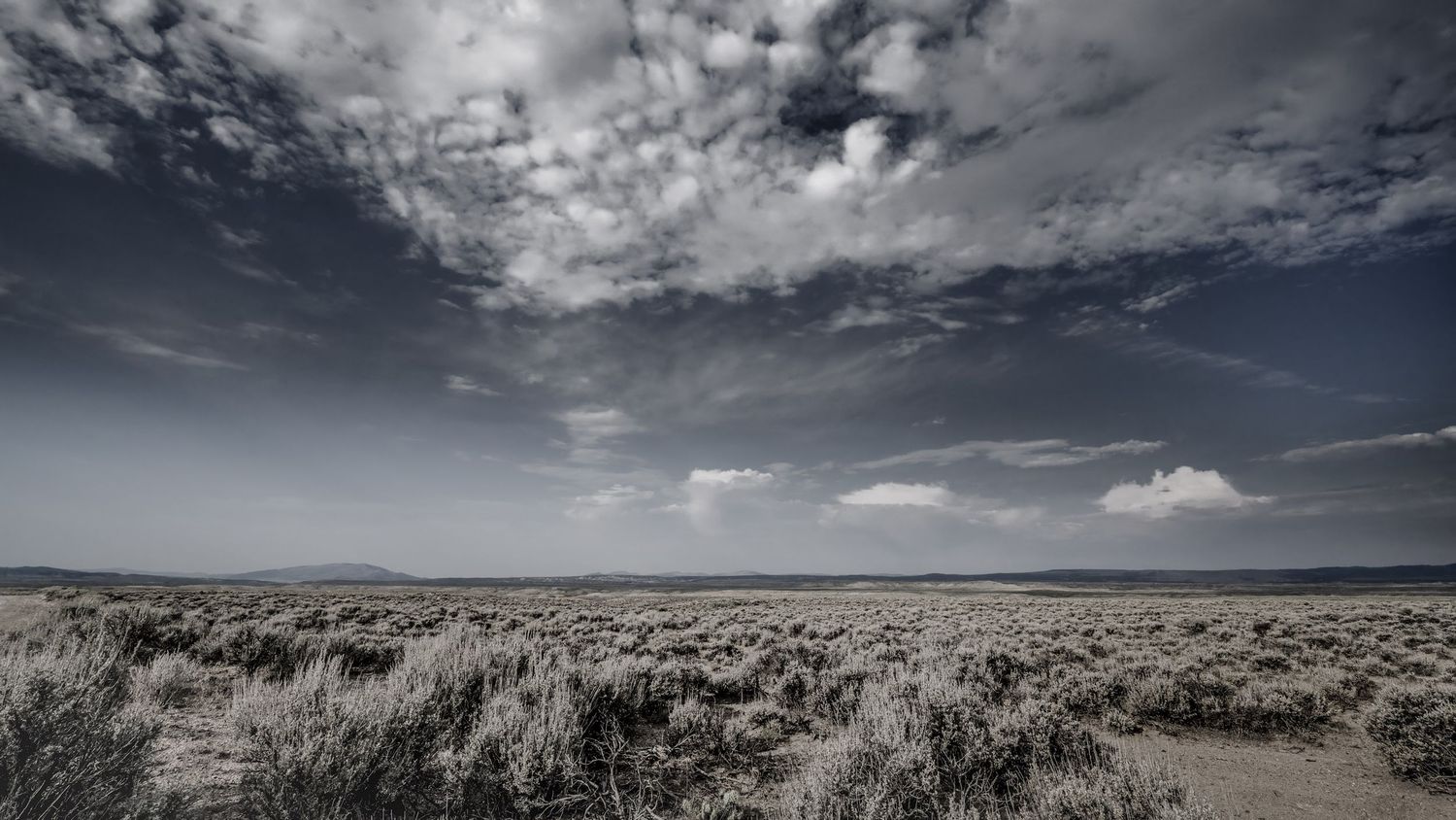 Vast desert scrubland stretches to horizon under dramatic cloud-filled sky.