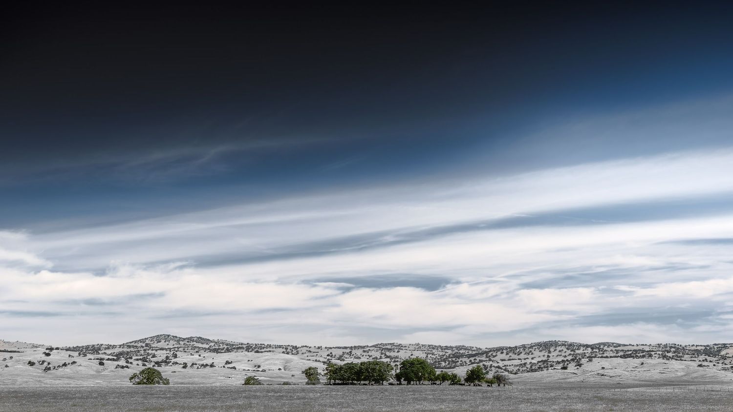 Sparse desert landscape extends to the horizon under streaking white clouds and deep blue sky.