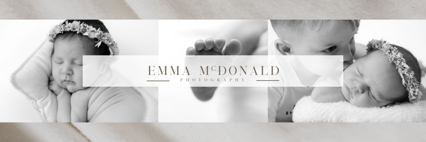 Adorable sleeping newborn baby portraits flank simple elegant name text in a minimalist banner design.
