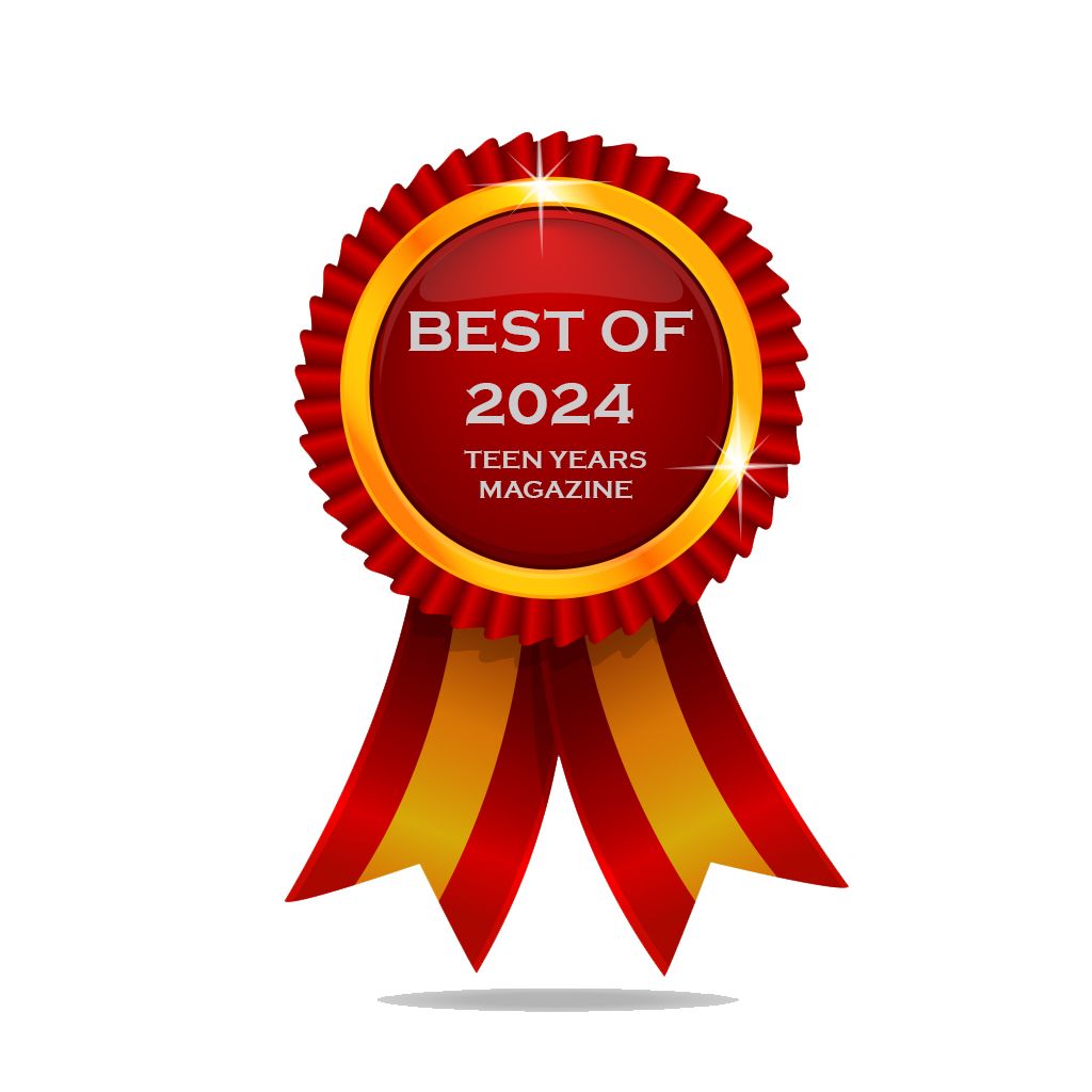 Red and gold Best of 2024 award ribbon rosette from Twenty40's Magazine with flowing ribbons.