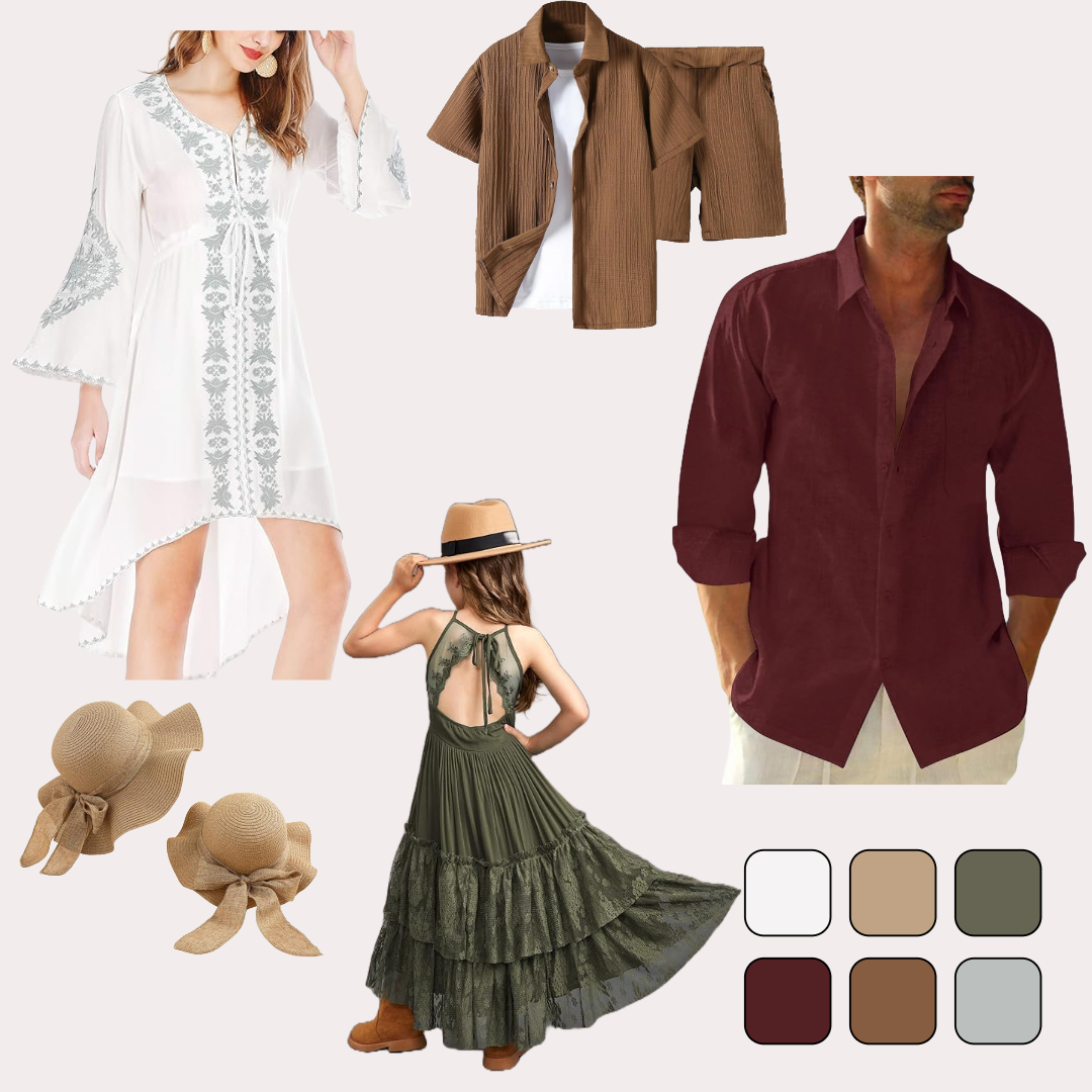 Fashion mood board featuring earth tone clothing pieces, white dress, olive maxi dress and straw hats with coordinating color palette.