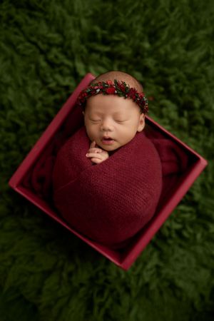 Newborn baby wrapped in red swaddle with floral crown, sleeping in red box on green fur backdrop. -- Sara Prue Photography Denver