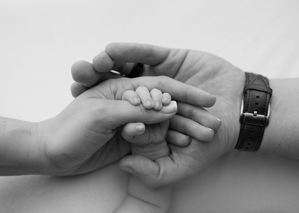 Black & white photo of adult hands cradling a baby's tiny hand, symbolizing family love and protection. -- Sara Prue Photography Denver
