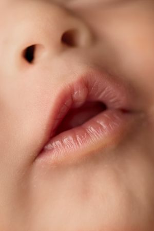 Close-up macro photo of a baby's lips and nose, showing soft infant skin and slightly open mouth. -- Sara Prue Photography Denver