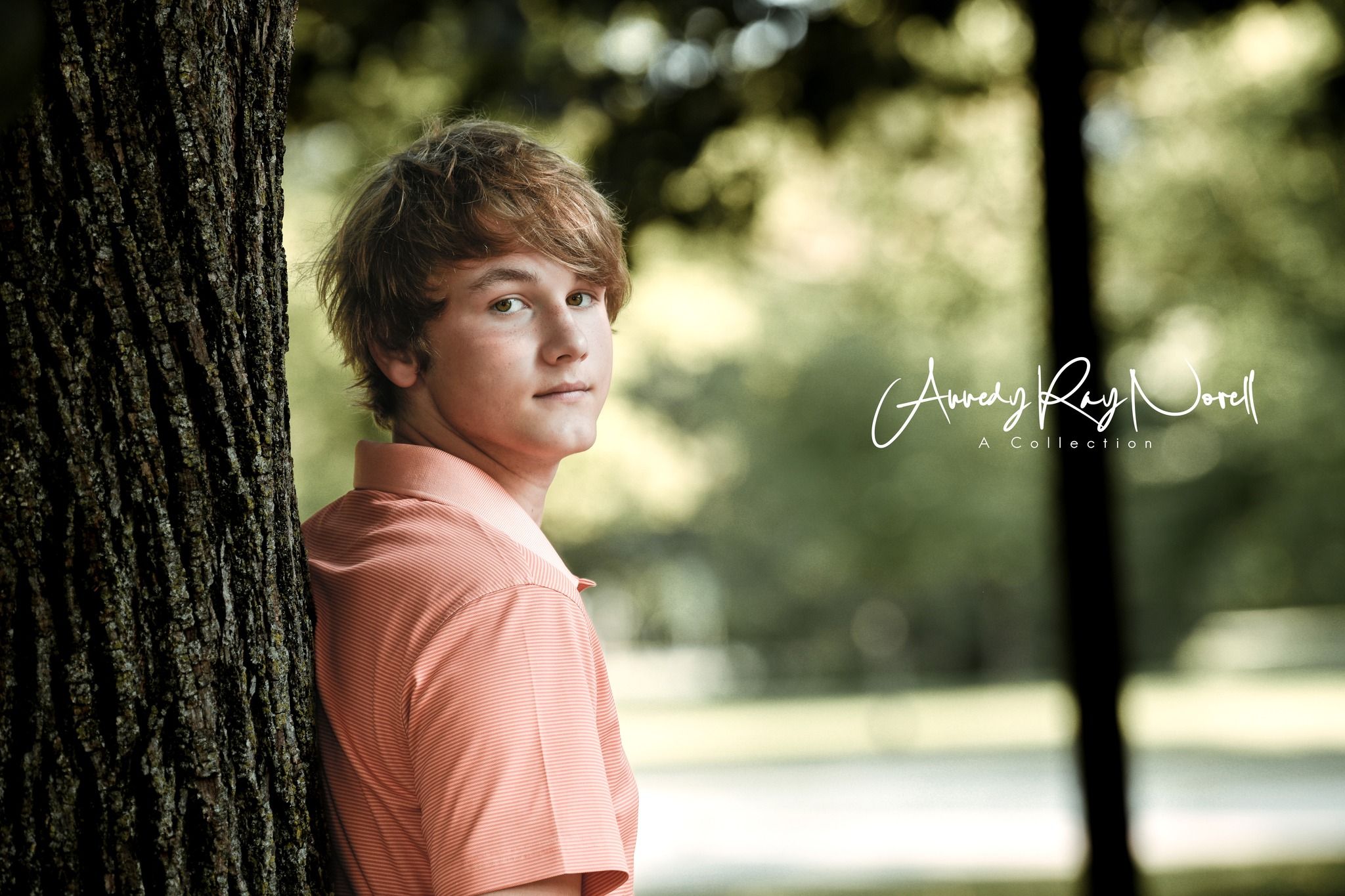 Young man in a coral shirt leaning against a tree in a lush green park, professional outdoor portrait photography.