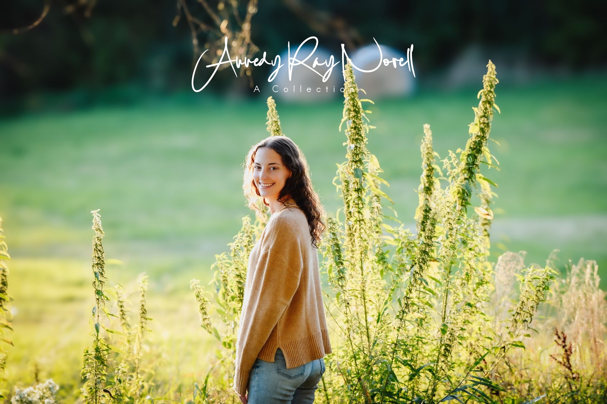 Young woman in golden sweater smiling outdoors among tall wildflowers in a sunlit green field.