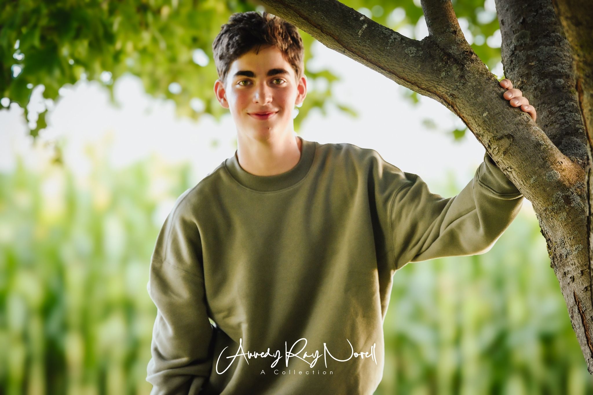 A teenage boy in an olive green sweatshirt leans against a tree outdoors with a green cornfield background.