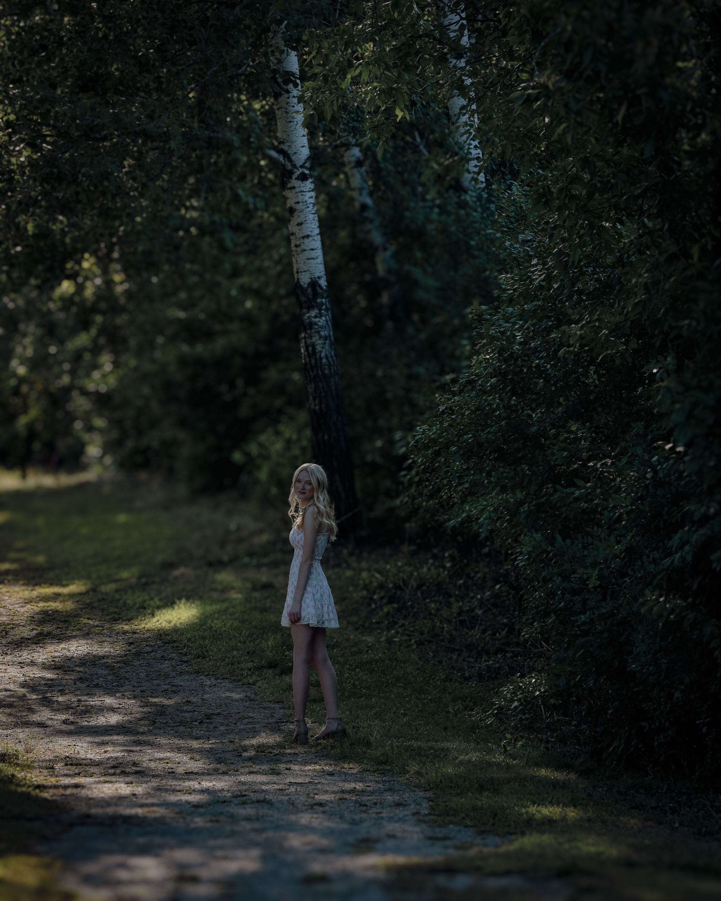 Blonde girl in white dress standing on shaded forest path surrounded by birch trees.