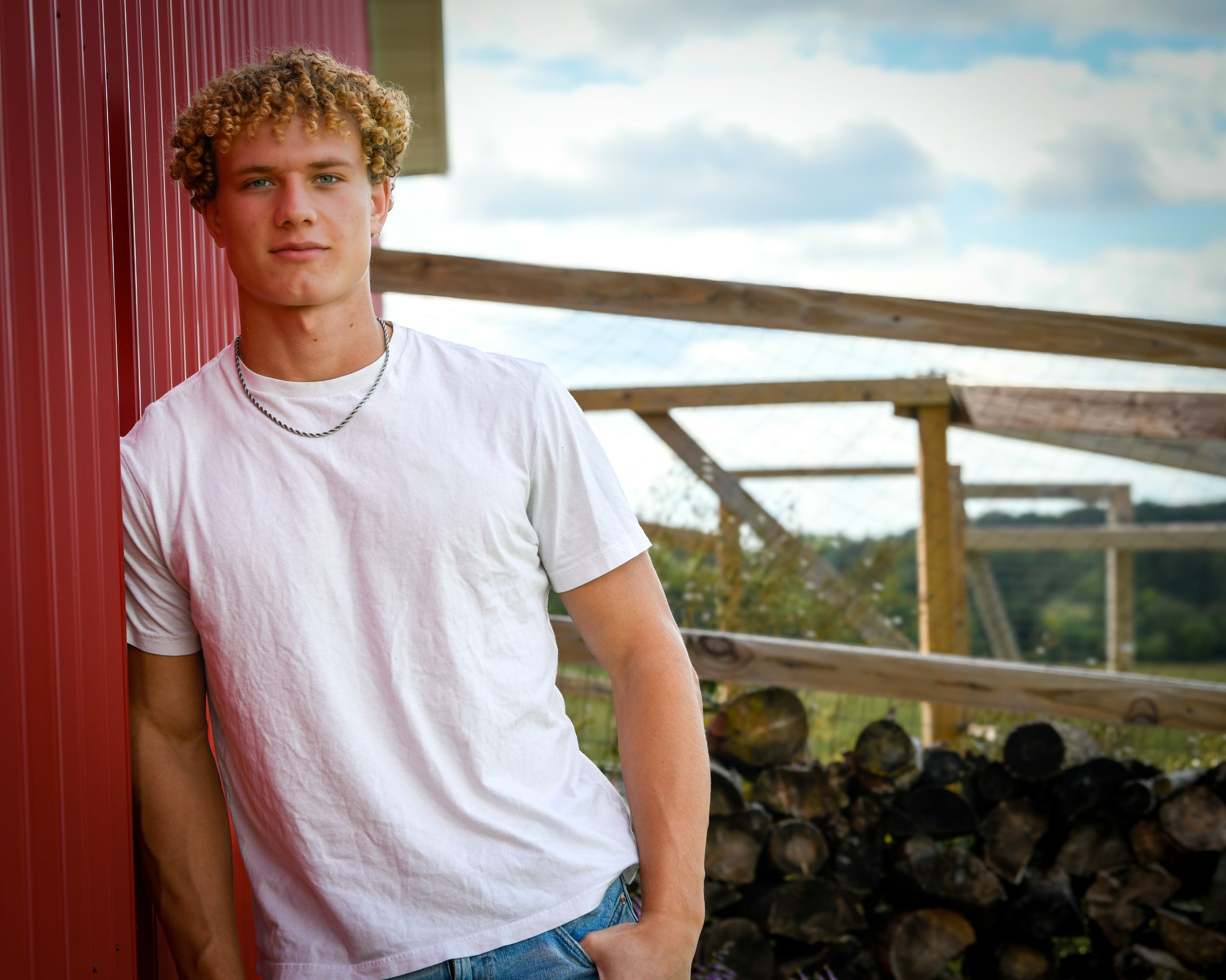 Young man in white t-shirt leaning against red barn wall with stacked firewood and green hills behind.