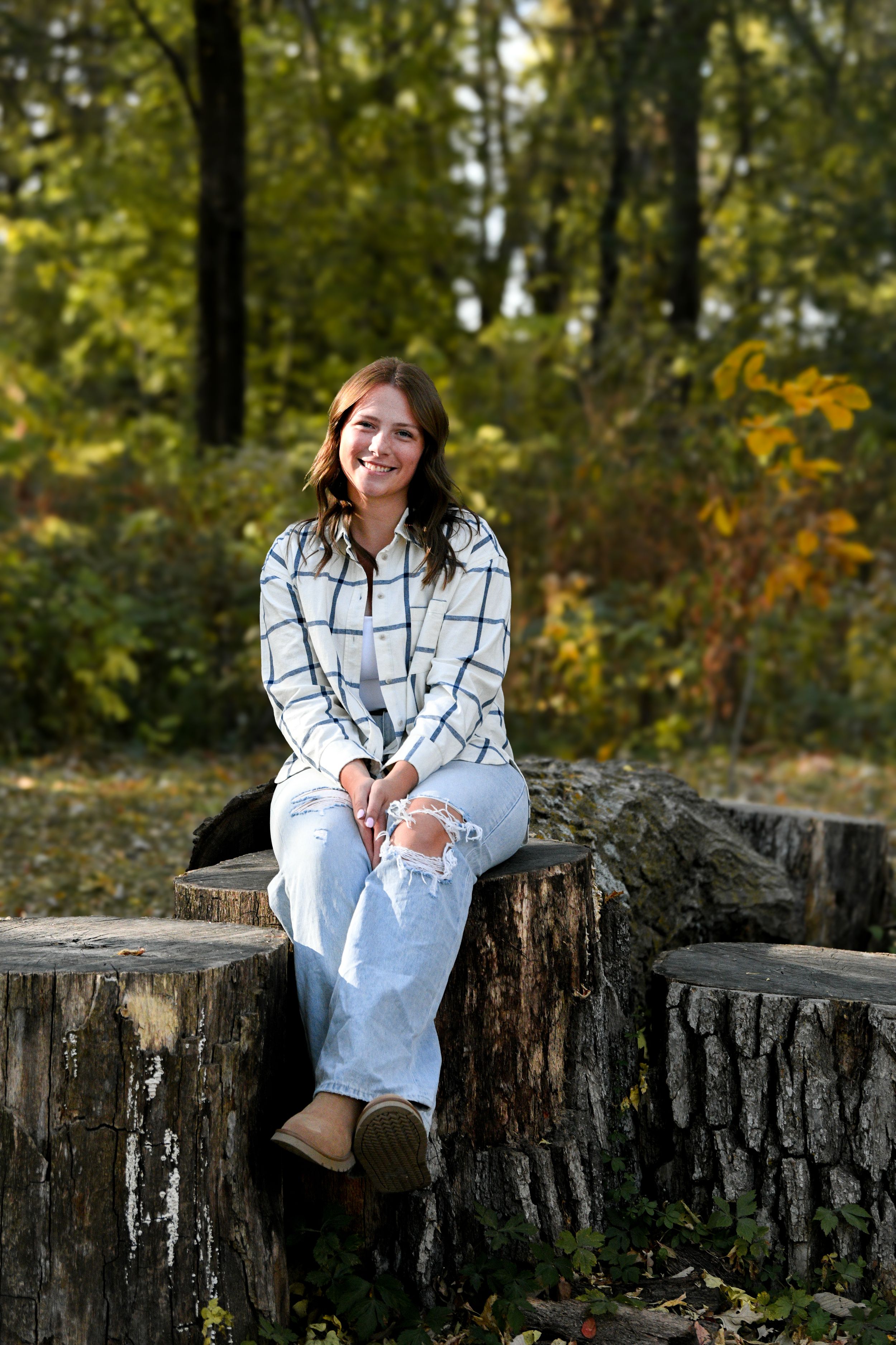 Young woman in plaid shirt and ripped jeans sitting on tree stumps in autumn forest, smiling outdoors.