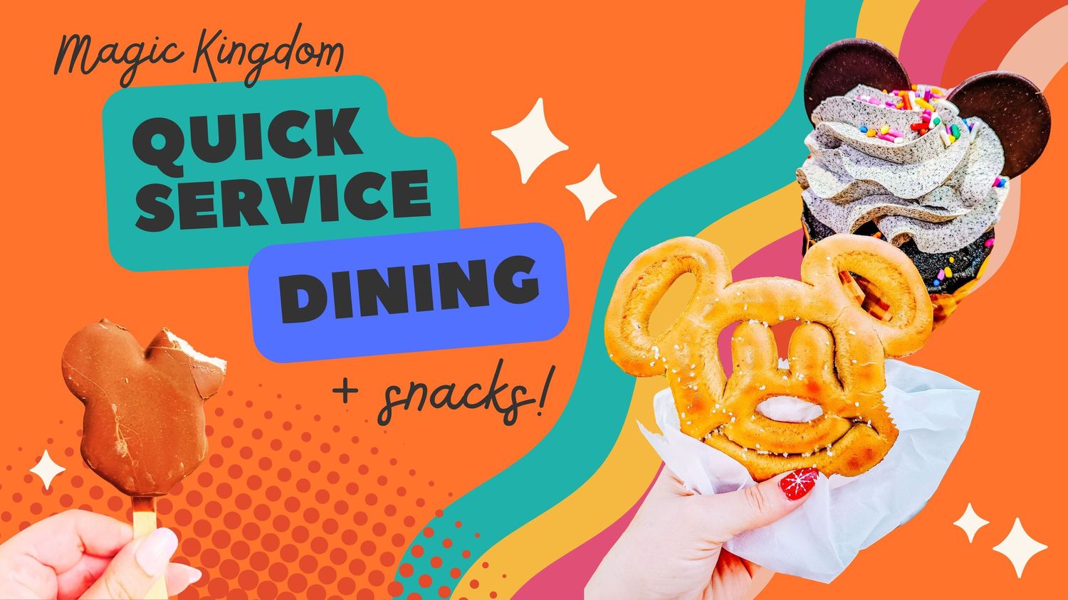 Colorful retro-style Disney dining graphic featuring Mickey-shaped pretzel and ice cream against wavy rainbow background.