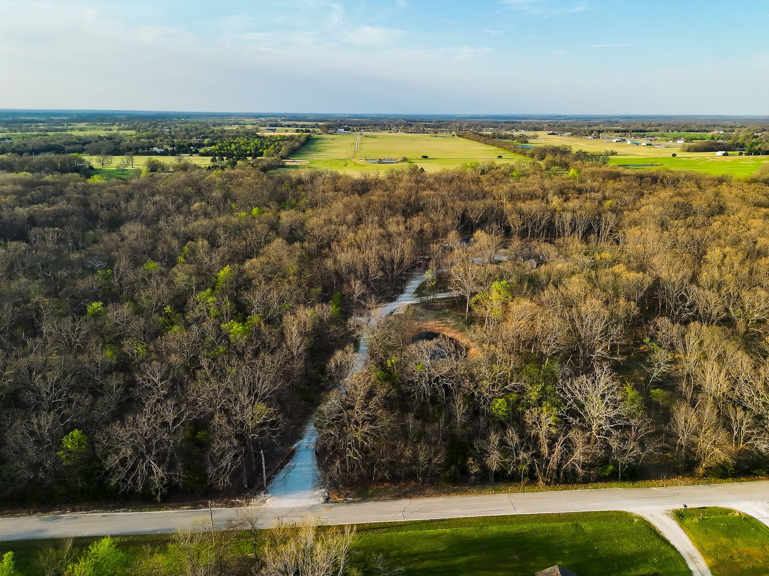 Aerial view of dense woodland with a winding path, open green fields, and a vast rural landscape under a clear blue sky.