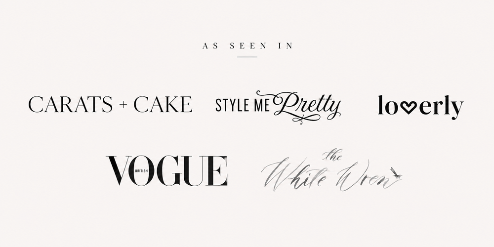 As seen in Carats + Cake, Style Me Pretty, Loverly, Vogue, and The White Wren publication logos.