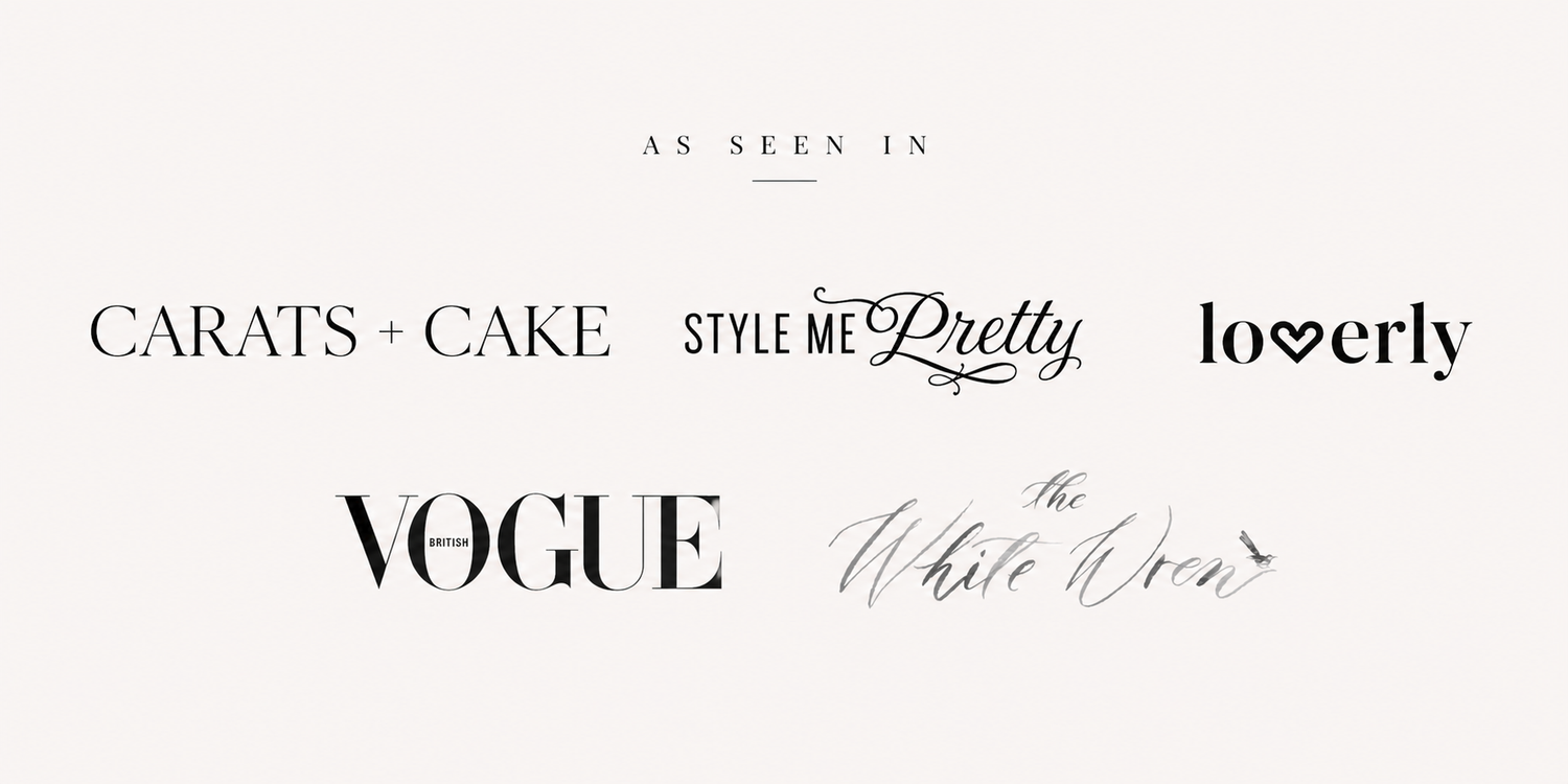 As seen in Carats + Cake, Style Me Pretty, Loverly, Vogue, and The White Wren publication logos.