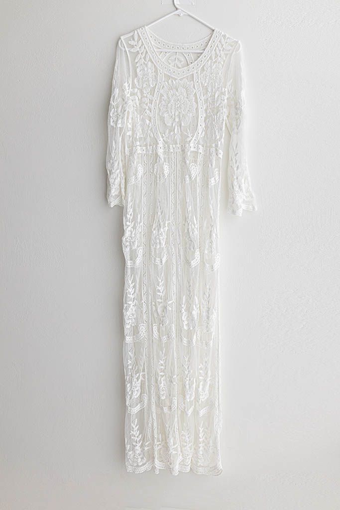 White sheer embroidered long sleeve maxi dress for maternity photoshoot in Temecula.