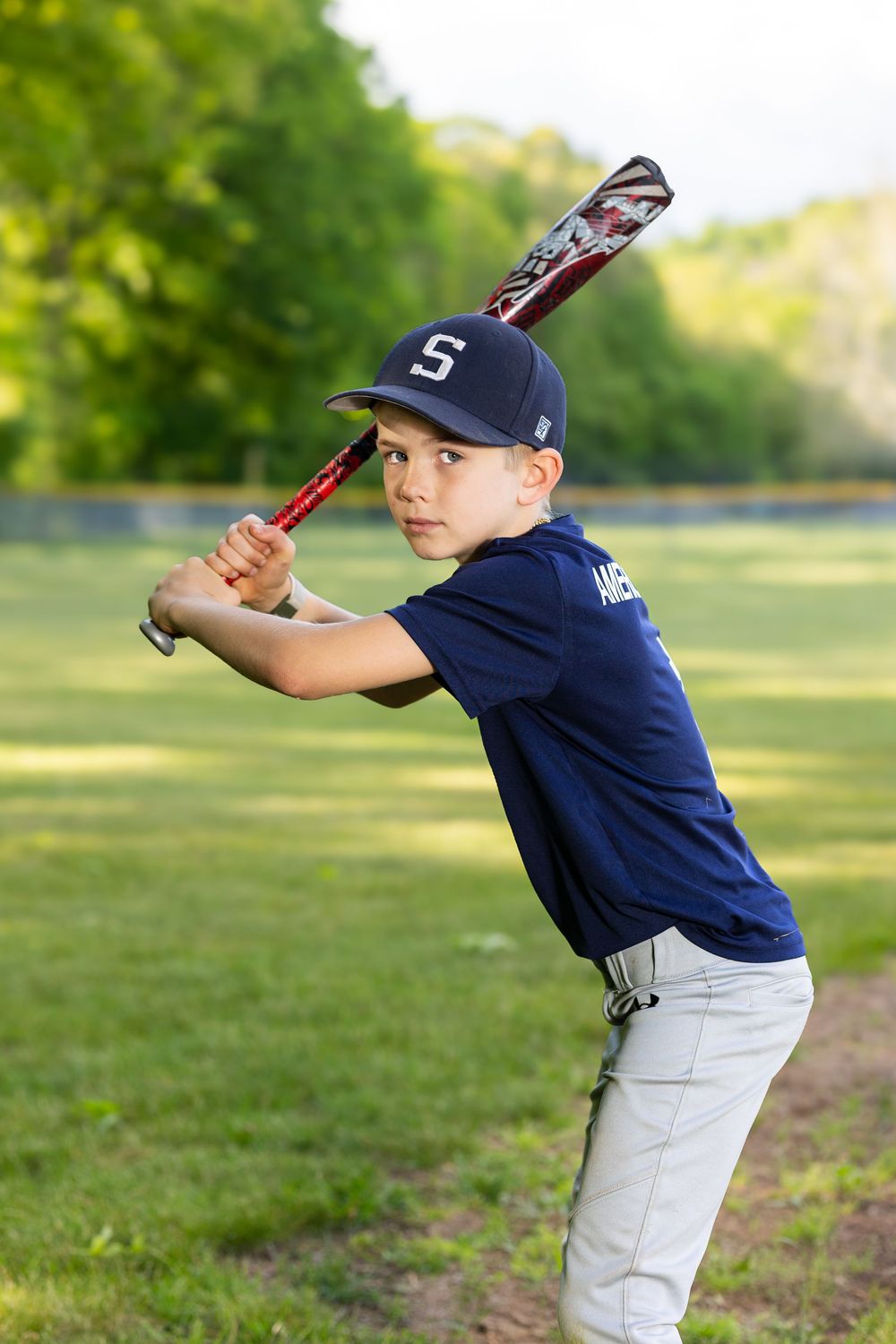 Young baseball player in navy uniform and cap holds bat in batting stance on green field.