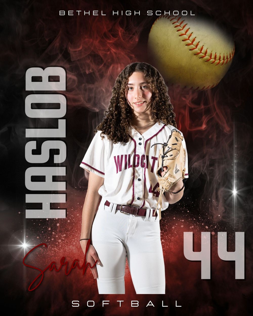 Bethel High School Wildcats softball player Sarah Haslob, number 44, poses in uniform with a softball graphic background.