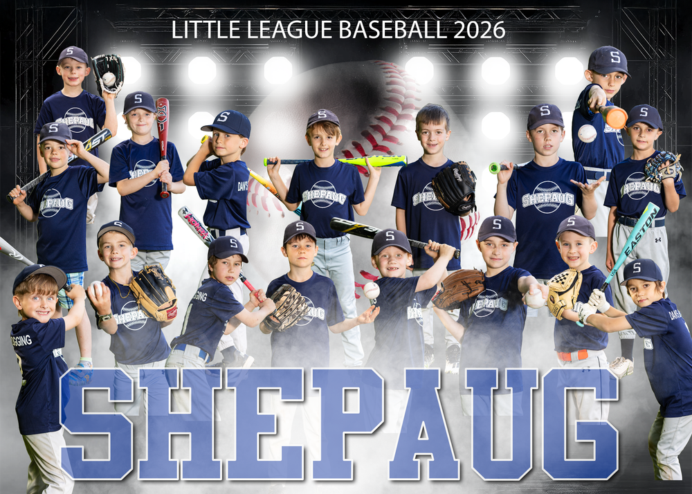 2026 Shepaug Little League Baseball team photo with young players in navy uniforms posing together under stadium lights.