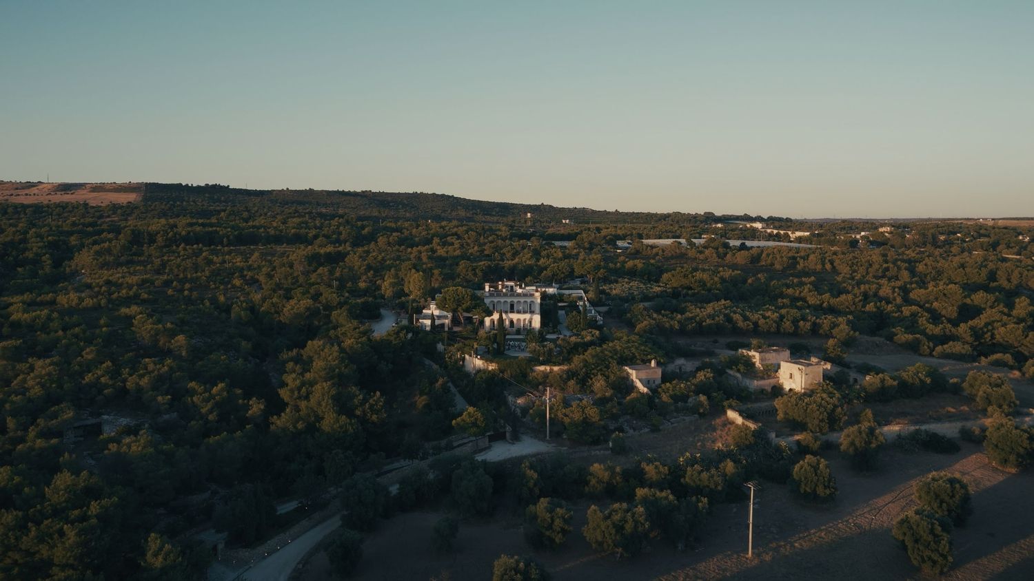 Aerial drone view of a luxury estate surrounded by dense green trees in a rural Texas Hill Country landscape at sunset.
