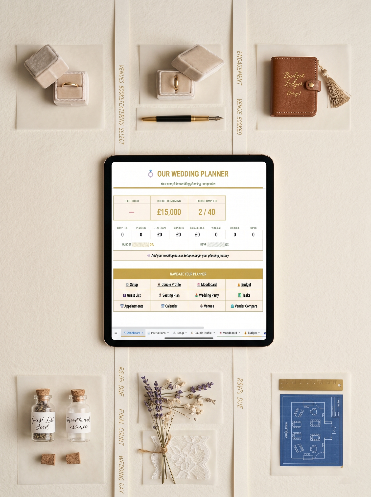 A tablet displaying a digital wedding planner app, surrounded by elegant stationery, rings, dried lavender, and wedding accessories.