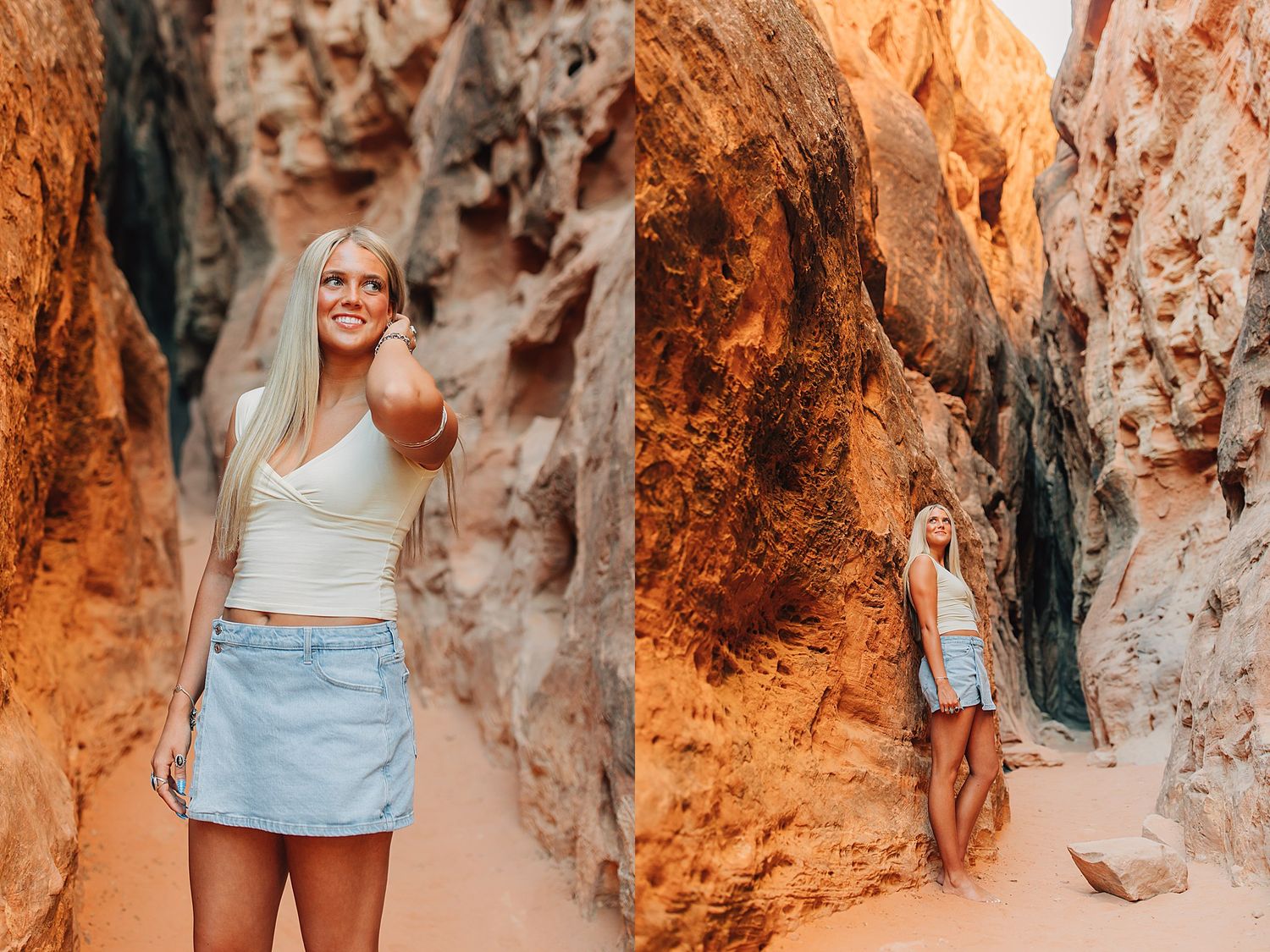 Young blonde woman in denim skirt and white crop top posing in a scenic red rock canyon.