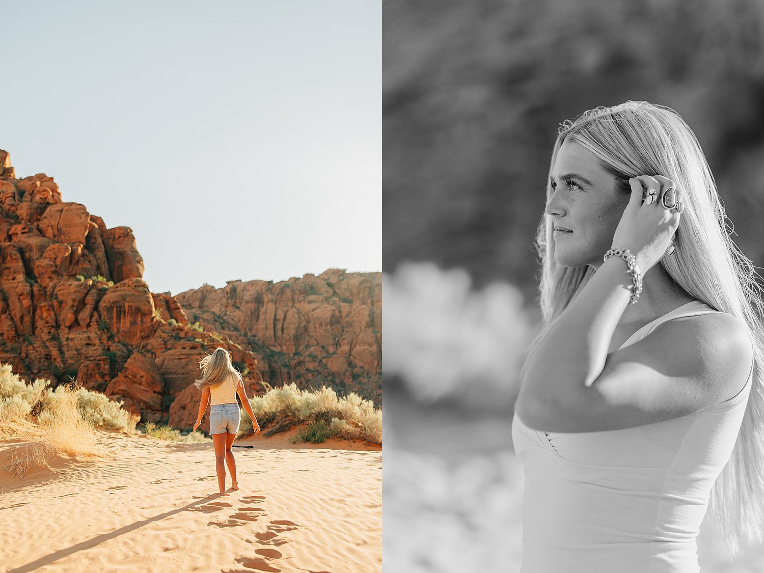 Woman walking toward red rock canyon formations on sandy desert trail in warm sunlight.