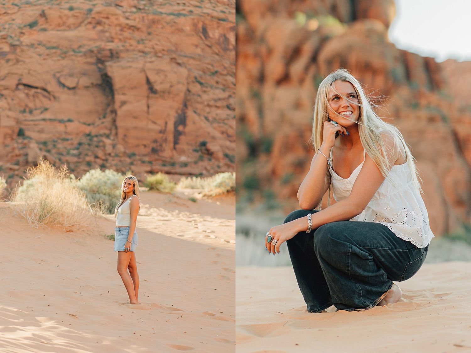 Blonde woman posing in sandy desert landscape with red rock formations, wearing white top and denim shorts.