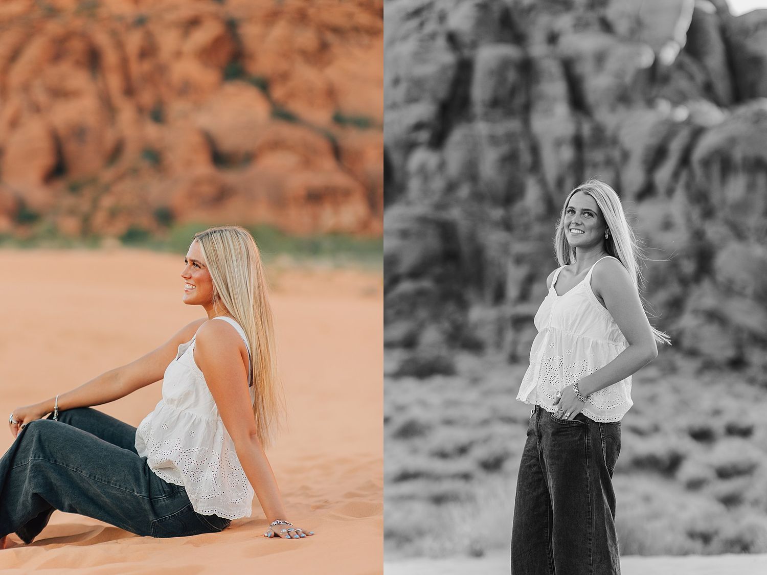 Pregnant woman in white top and jeans sits on red sand desert, second photo black and white portrait near rock formations.
