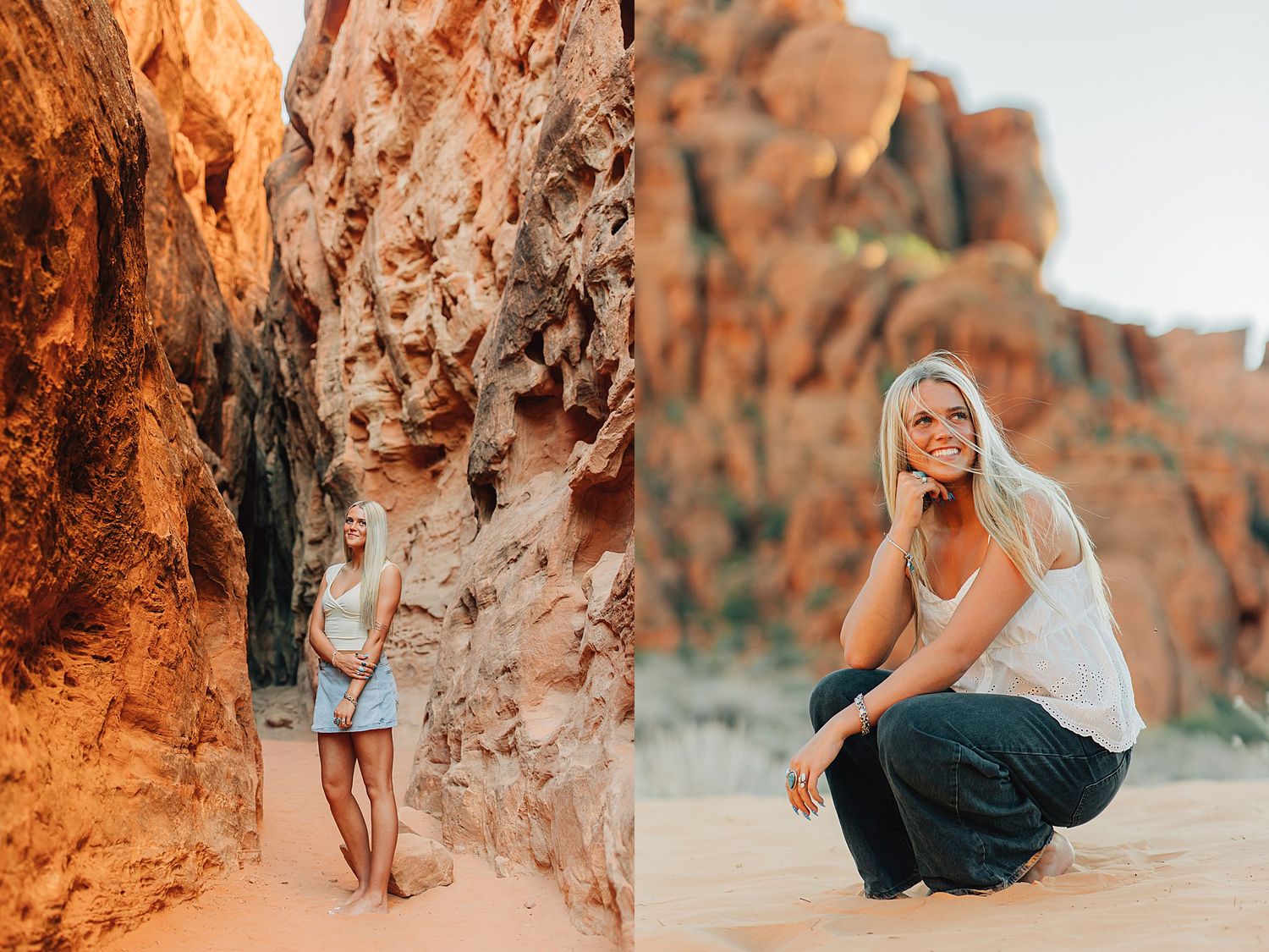 Woman posing in red rock canyon and crouching on sandy desert terrain in a scenic outdoor photography session.