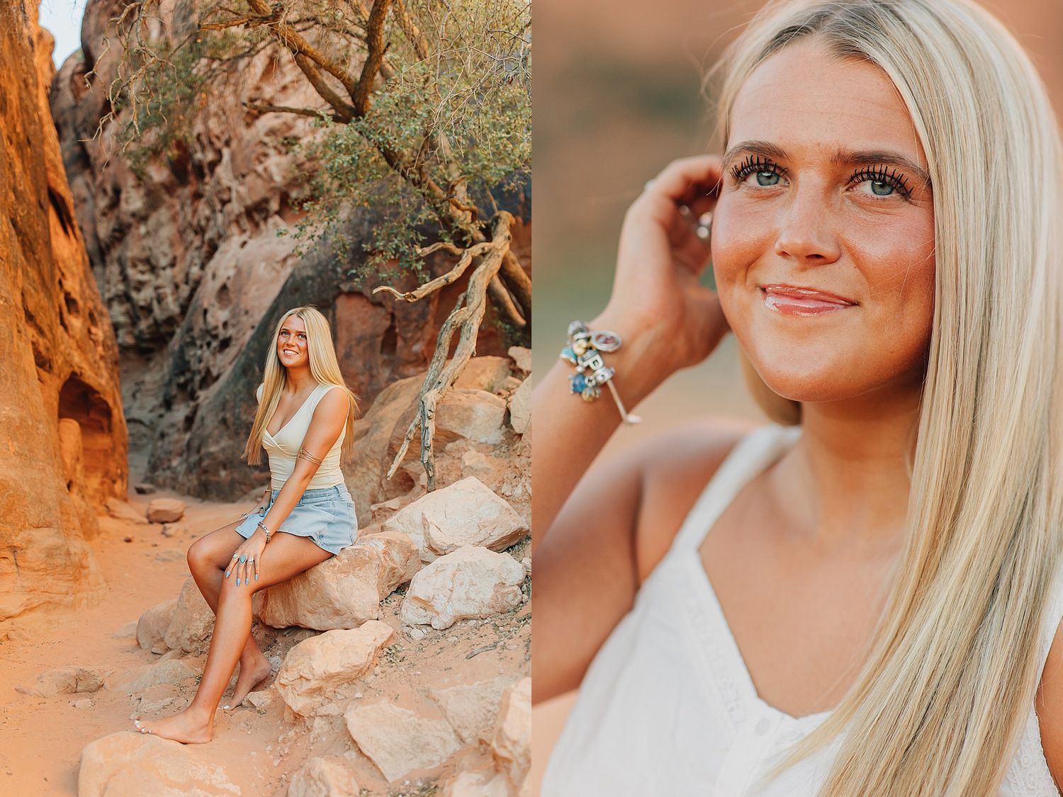 Blonde woman posing on rocks in a red rock canyon wearing a white top and denim skirt.