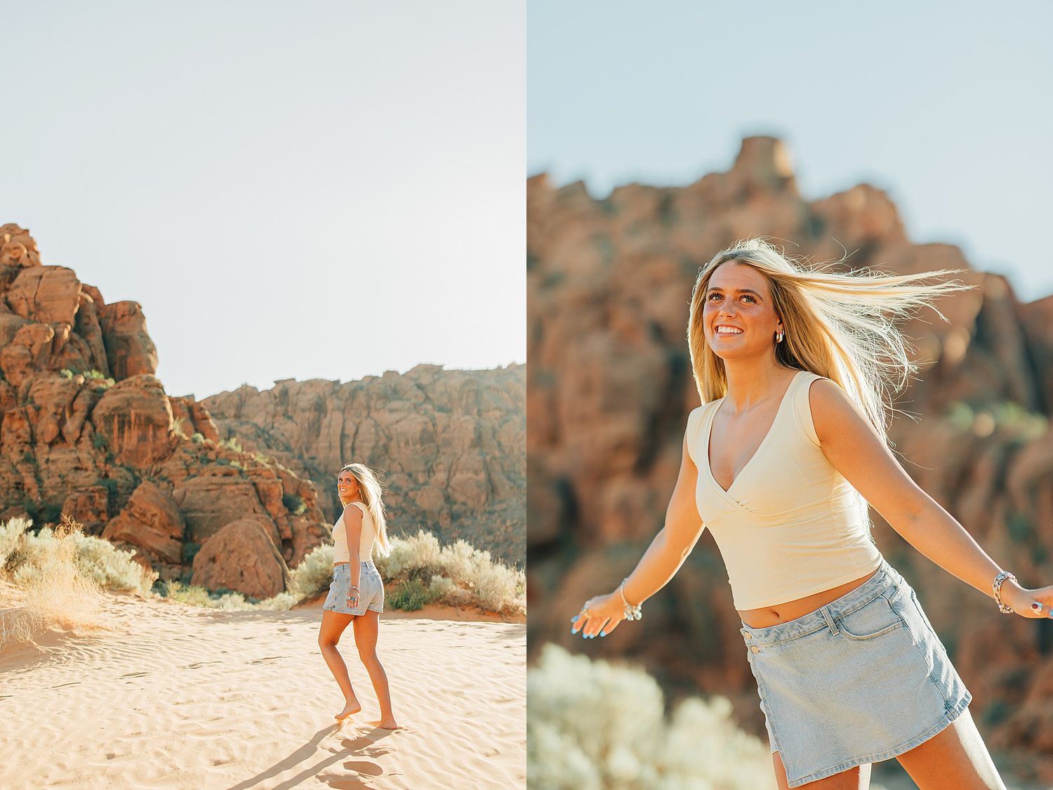 Blonde woman twirling in a sandy desert landscape surrounded by red rock formations.