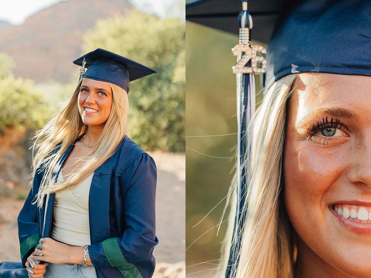 Smiling blonde woman in navy graduation cap and gown posing outdoors with mountains in the background.