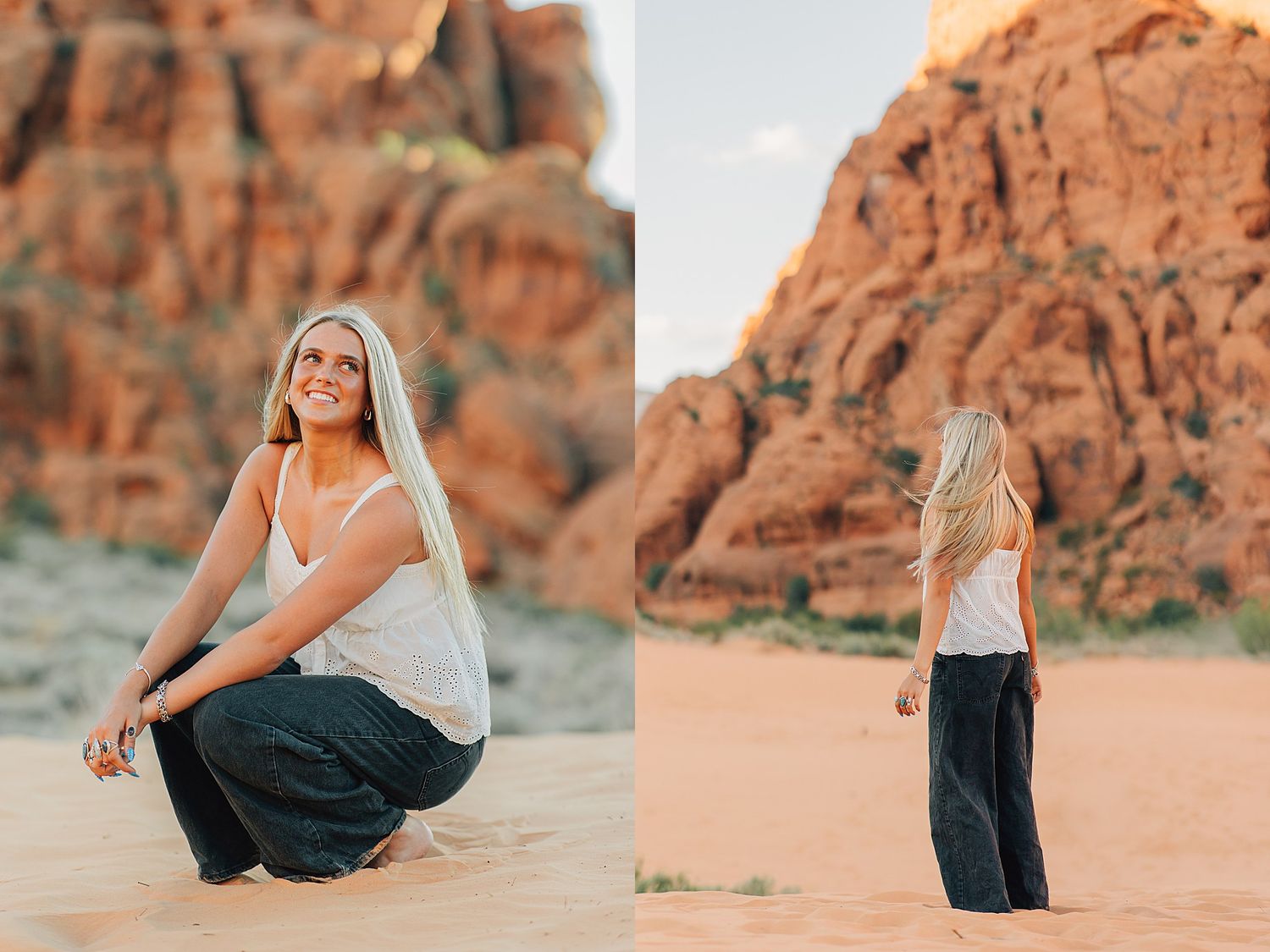 Blonde woman posing in red rock desert landscape wearing white tank top and dark wide-leg pants.