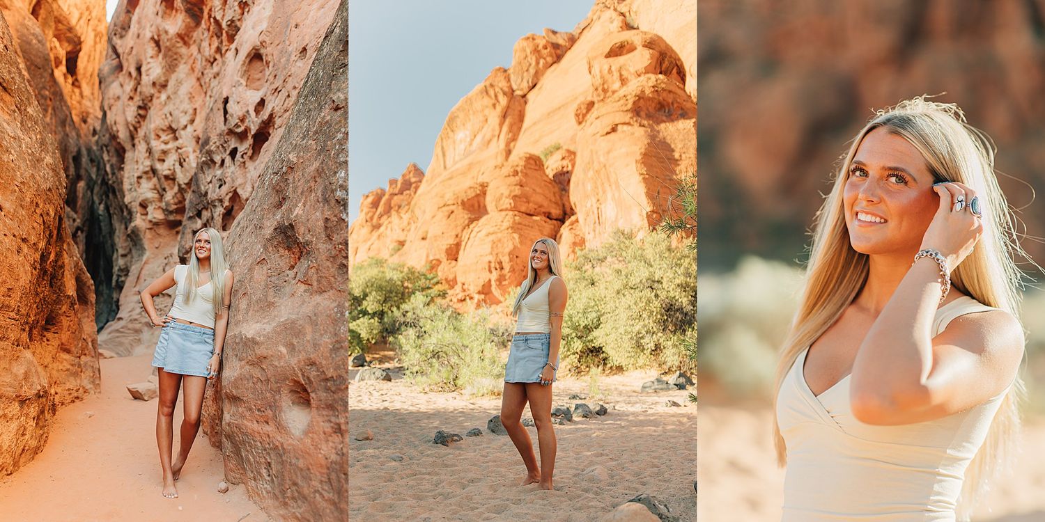 Blonde woman posing among red rock formations in a desert landscape wearing a white outfit.