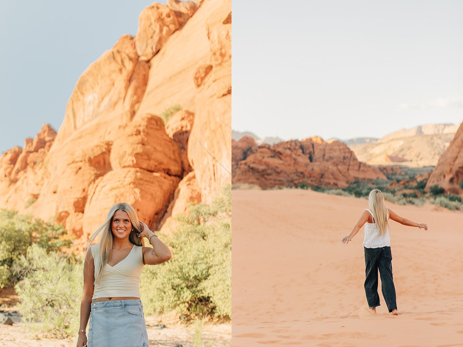 Young blonde woman posing among red rock formations in a desert landscape, wearing a white crop top and jeans.