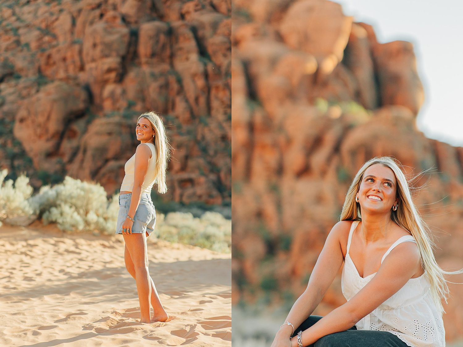 Blonde woman posing in sandy desert with red rock formations in golden hour light, wearing denim shorts and white top.