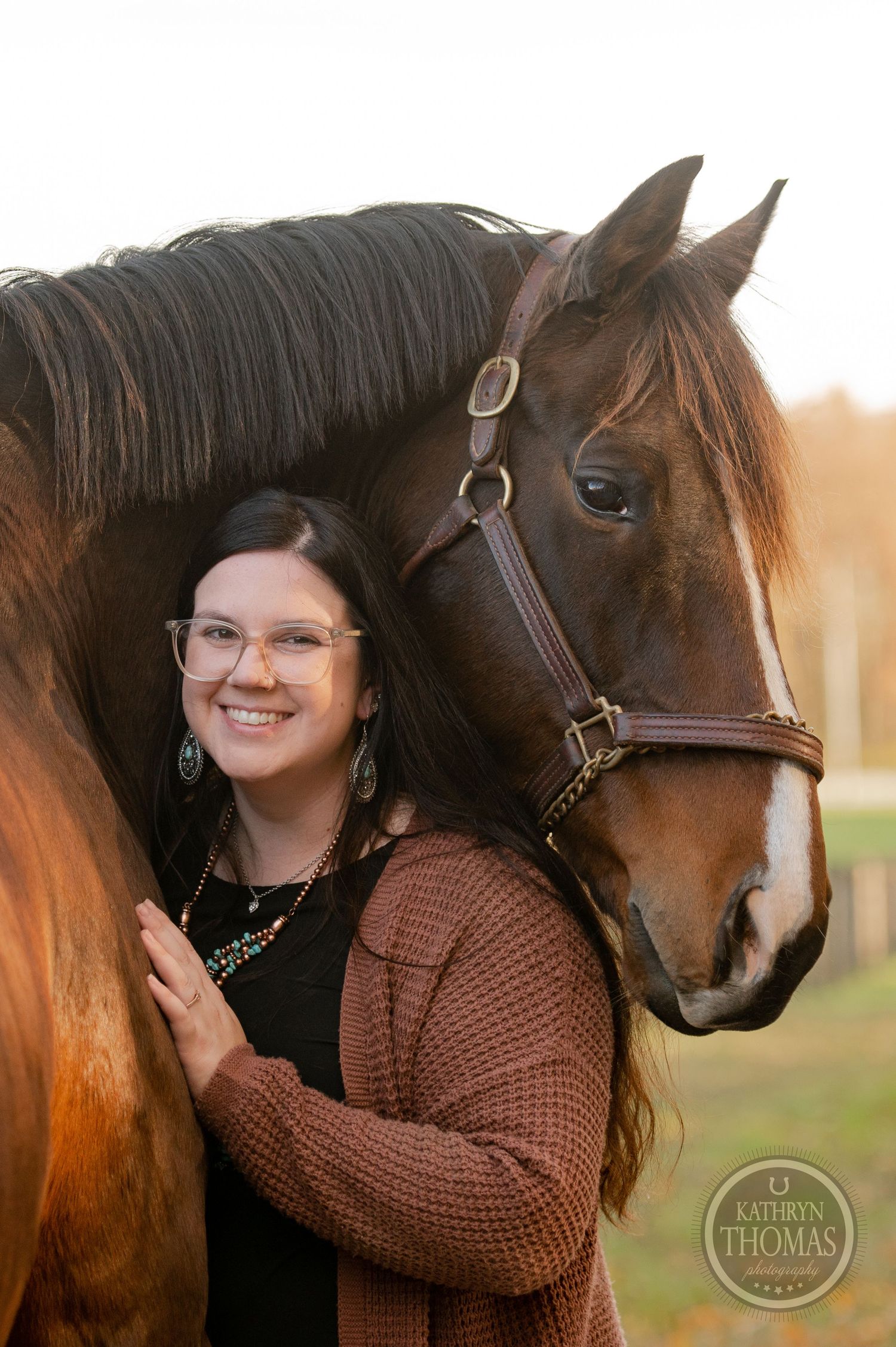 A close-up portrait of a bay horse with their companion wearing a rustic brown cardigan.