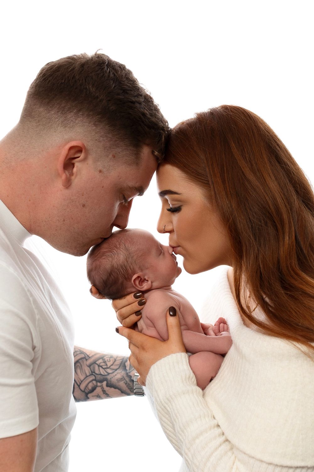 A series of tender family moments showing parents with their newborn baby against a white background.