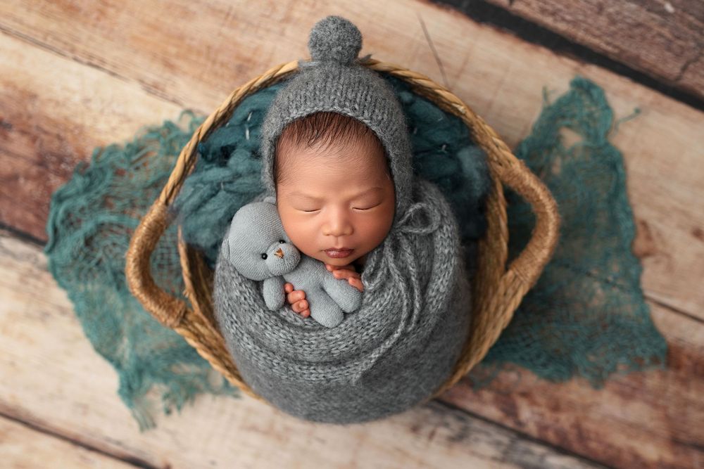 Newborn baby sleeping in a wicker basket wrapped in gray knit, wearing a bonnet, holding a small stuffed bunny.