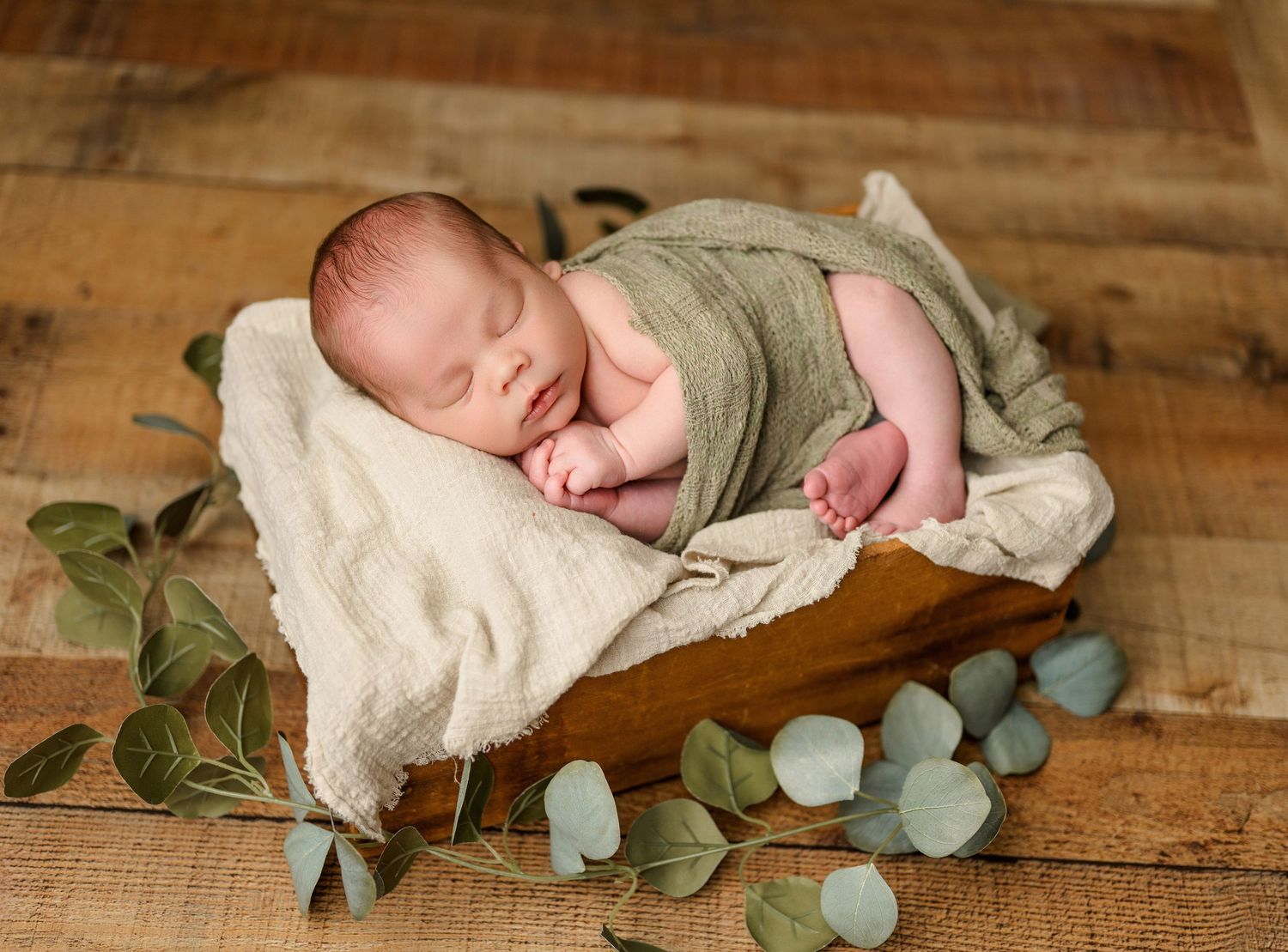 Newborn baby sleeping peacefully in a wooden box with green eucalyptus leaves and cream blanket. Newborn Photography in buffalo
