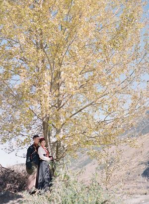 Couple embracing under a large golden autumn tree with mountain landscape in the background.