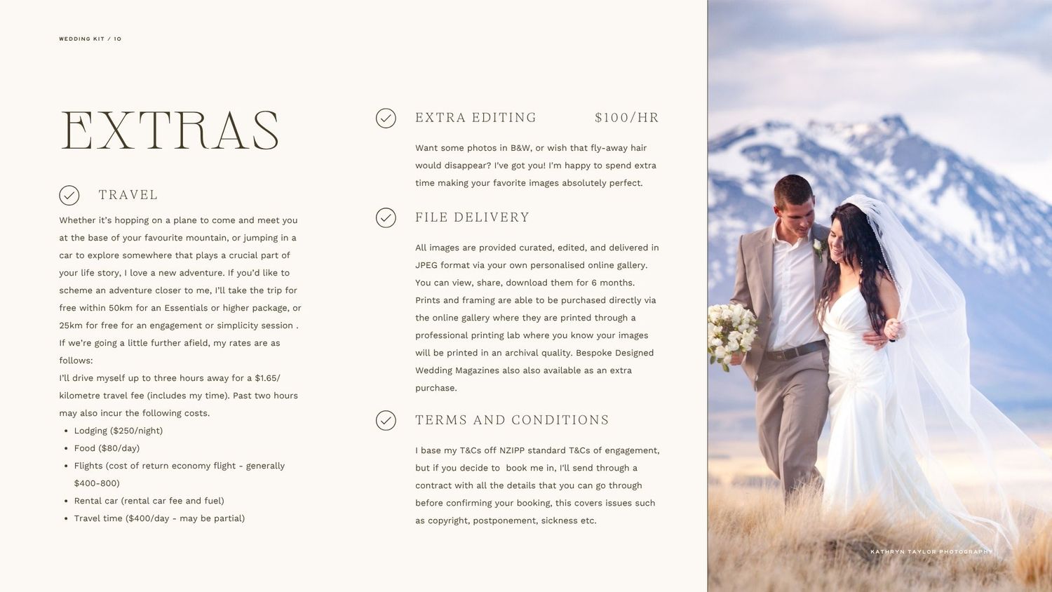 Wedding package brochure page showing extras information with mountain backdrop.