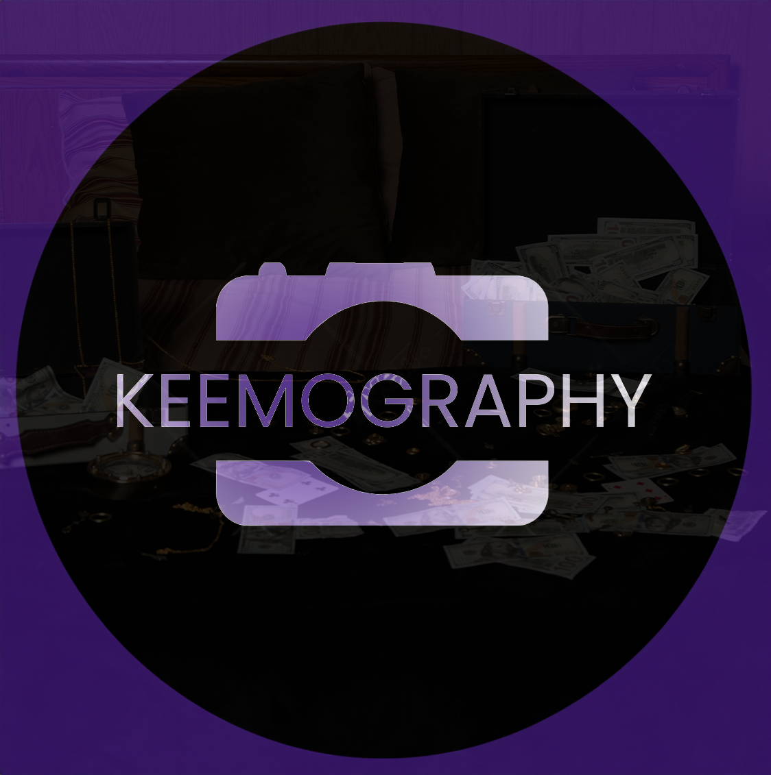 Purple and black logo design for Keemography featuring a camera icon silhouette.