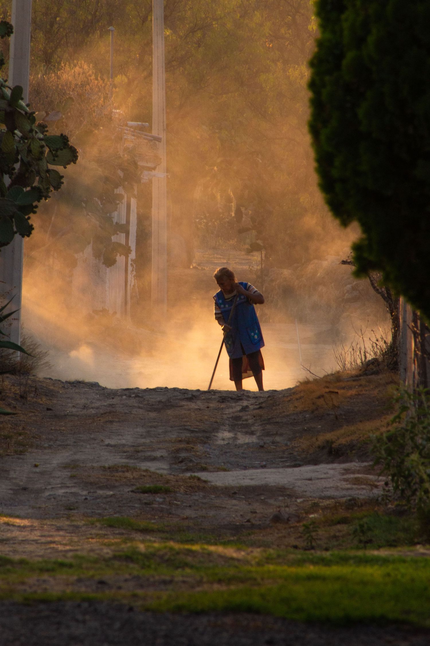 A silhouetted worker sweeps a dusty dirt road at golden hour, surrounded by glowing light and trees.