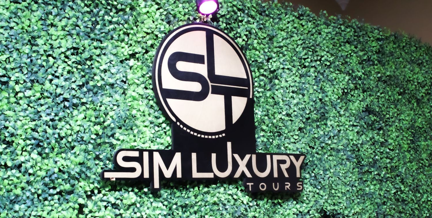 SLM Luxury logo displayed against textured green background with geometric design.