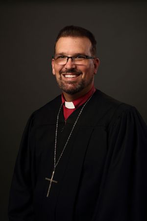 A dramatic portrait series shows a religious figure in clerical collar against a dark background with dramatic lighting.