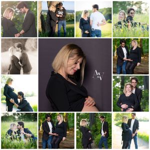 A maternity photo collage featuring a pregnant woman in black with her partner, captured in outdoor and studio settings.