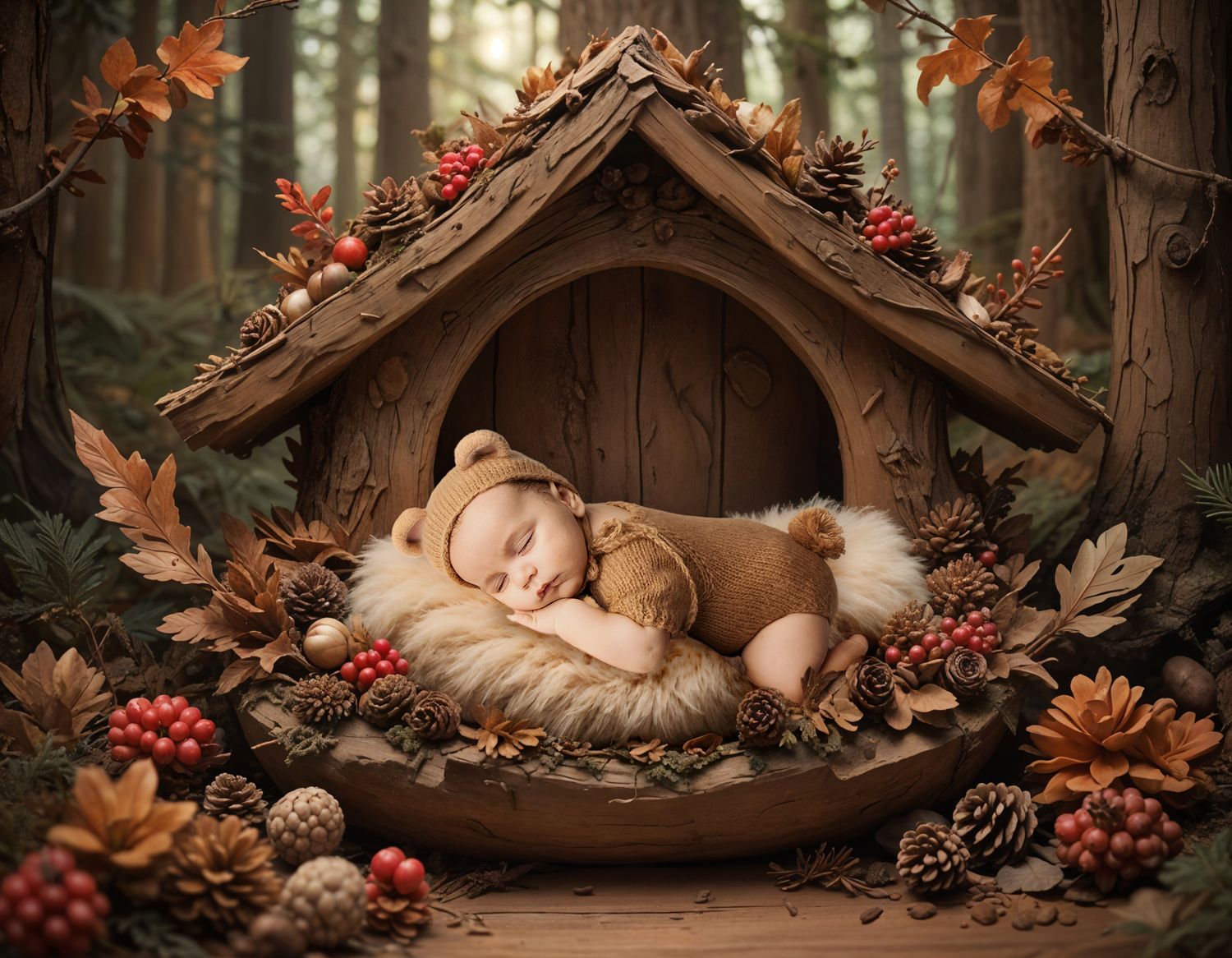 Rustic wooden fairy house decorated with autumn leaves, berries, and pinecones in a magical forest setting.