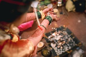 Close-up detail of traditional Indian wedding ceremony elements and decorations.